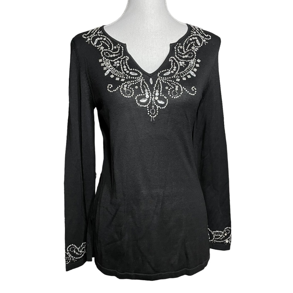 Jeweled Silk Blend Sweater M Lyocell Rhinestone Sequin Black Notch Collar V-Neck